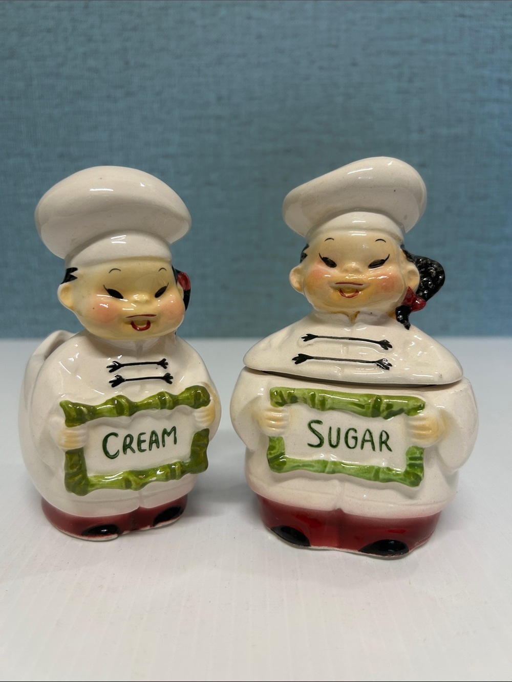 Vintage Ceramic Asian Chef Cream & Sugar Set Mid Century